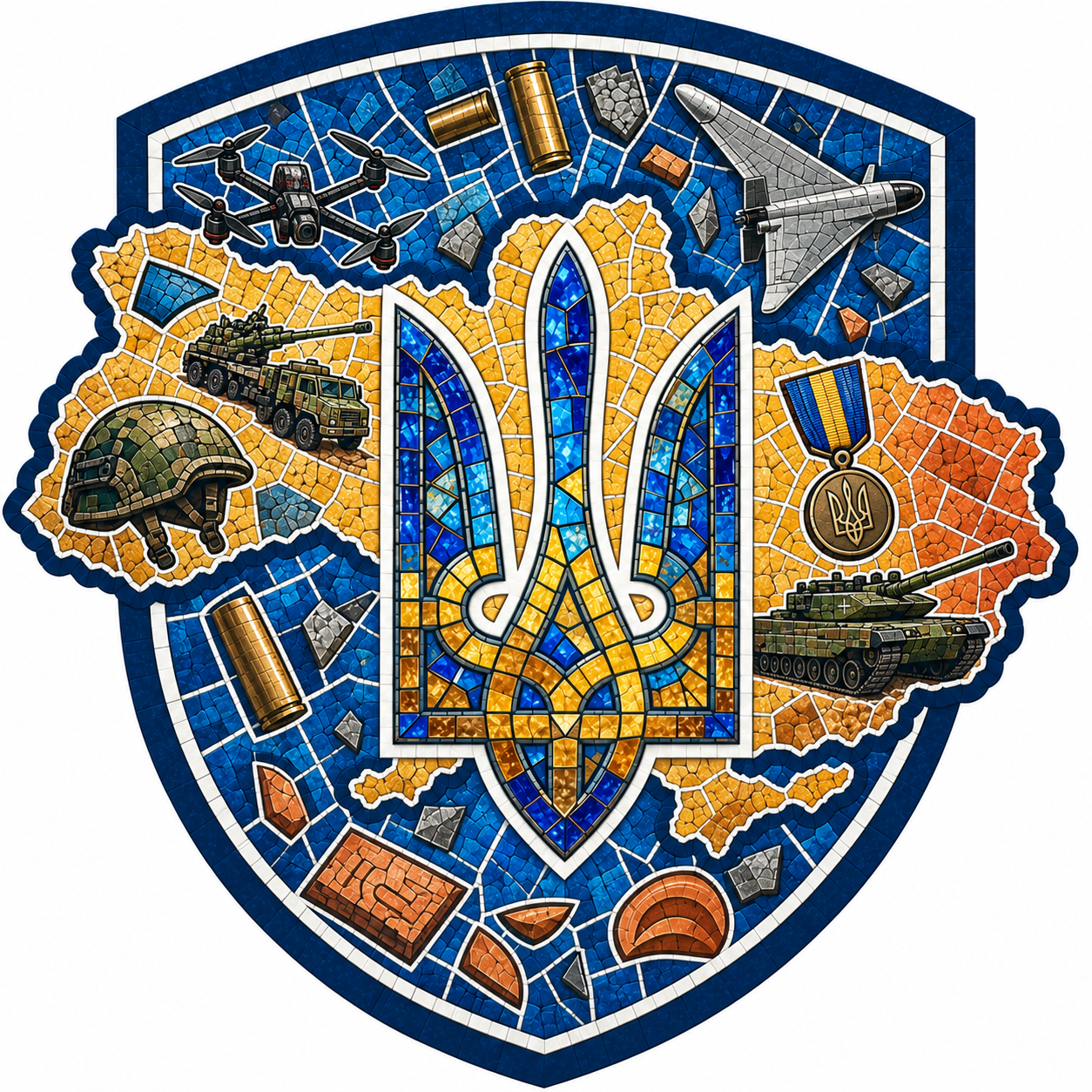 Tryzub Mosaic emblem: a Ukrainian trident in blue and gold mosaic