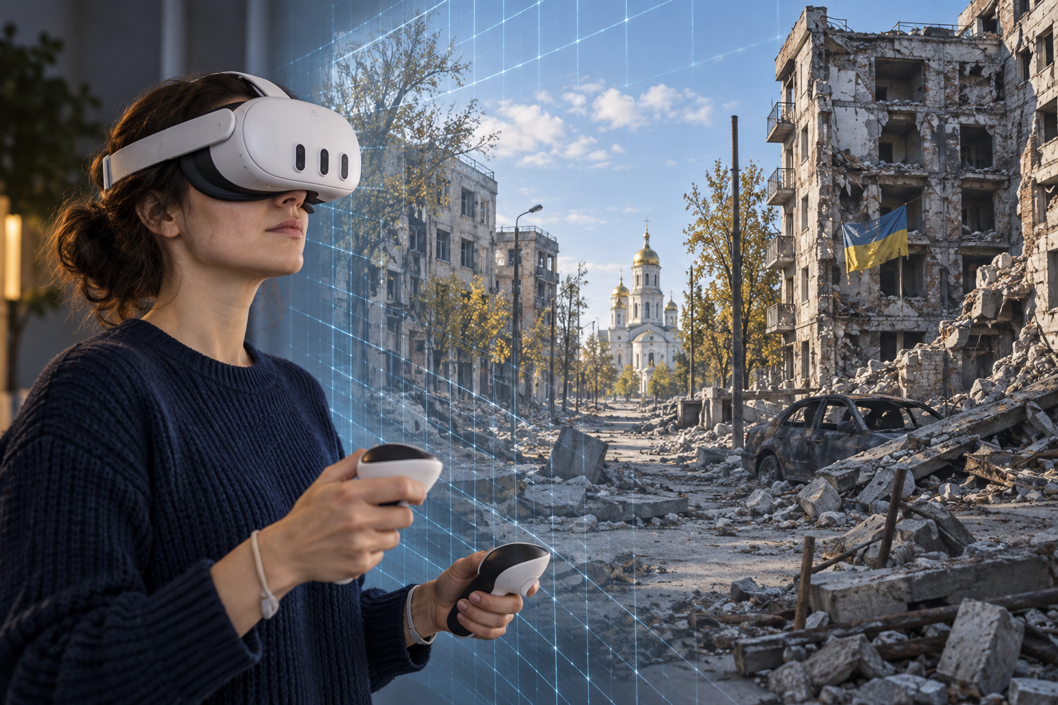 Concept illustration of a visitor wearing a Meta Quest 3 headset exploring a virtual reconstruction of a bomb-damaged Ukrainian city
